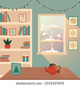 winter room composition, a room with a window, sunlight, books, pictures, teapot, snowflakes