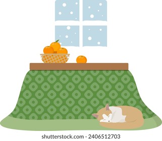 Winter room: kotatsu, mandarin oranges, and cat