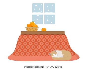 Winter room_kotatsu, mandarin oranges, and cat