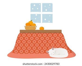 Habitación de invierno_kotatsu, mandarinas, naranjas y gato