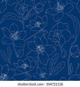 Winter rose hellebore flowers seamless pattern. Detailed beige outline on navy indigo blue background. Lily, poppy flowers pattern. Tulips. 