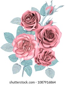 Winter  Roses _ Stylized vector bouquet _ Vintage card_ Pink roses