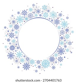 Fondo de la corona del marco en blanco redondo del invierno con los copos de nieve. Ilustración vectorial