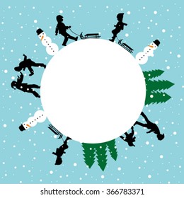 Winter round card with silhouettes of children playing