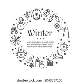 Winter Round Design Template Black Contour Lines Icon Concept for Promotion, Marketing and Advertising. Vector illustration