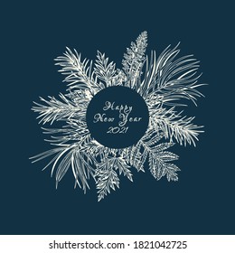 Winterrunder Rahmen mit Koniferen und Greens. Illustration für das neue Jahr. Vektorreisekarte. Klassisch blauer Hintergrund und weißer Gruß.