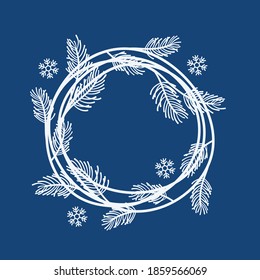 Winter round frame with hand drawn pine branch and snowflakes. Cute Merry Christmas vector border  template for design greeting card, advertising, sticker, poster, season invitation, holiday flyer.