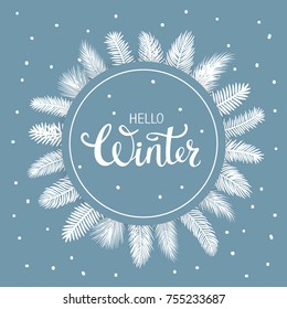 winter round frame with silhouettes of different conifer trees branches
