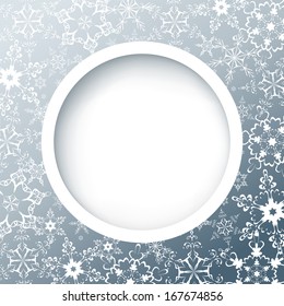 Winter round frame with snowflakes. Gray background with white ornate snowflakes. New Year and Christmas celebratory card with place for text. Vector illustration