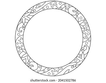 Winter round frame with snowflakes and stars - vector linear illustration for coloring. Outline. Frosty patterns - frame with place for your photo or text, copy space