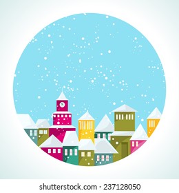 Winter round illustration with small cozy city. Snow-covered roofs and colorful houses. White snow falling down from blue sky. Vector file is EPS8.