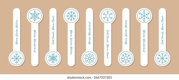 Winter round label sticker set with blue and white snowflake outline icon. Cold decoration xmas seal for package lid, perfect as holiday label or sticker in a set, season symbol with simple outline