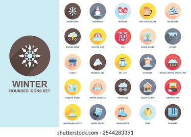 Contiene copo de nieve, muñeco de nieve, patines de hielo, bufanda, telesilla, globo de nieve, carámbanos, abrigo, manta y más. uso para el concepto moderno, el Web y el desarrollo de App. Vector EPS 10