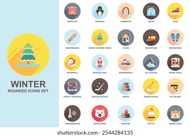 Contienen chimenea, pingüino, orejeras, tabla de snowboard, árboles cubiertos de nieve, cabina, quitanieves, raquetas de nieve y más. uso para el concepto moderno, el Web y el desarrollo App. Vector EPS 10