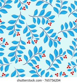 Winter rowan pattern vector seamless. Blue leaves and red berries on blue background. 