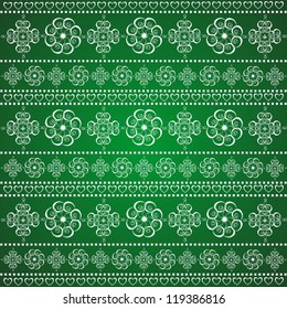 Winter Rows of White SnowFlakes and Hearts on Green Background, Vector Illustration