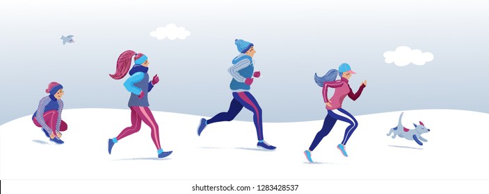 Winter Running Banner, Cover Design With People, Men And Women Running, Jogging In Park, Flat Cartoon Vector Illustration. Young People Dressed In Warm Clothes, Running, Jogging, Training In Winter