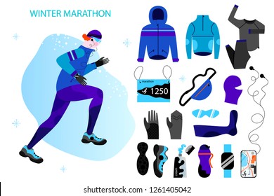 Winter running big set with thermal clothes, hood, full zip jacket, hat, protection gloves, sneakers. Young athletic man doing jogging. Vector illustration in flat design style