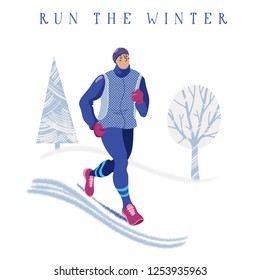 Winter running concept - young athletic man in warm clothes jogging in park, flat cartoon vector illustration on white background. Winter running banner - young man jogging in park, front view