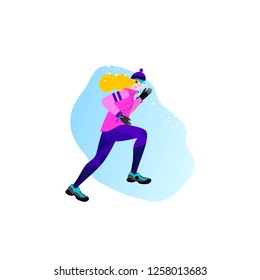 Winter running concept. Young athletic woman doing jogging. Vector illustration in flat style