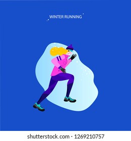 Winter running concept. Young athletic woman doing jogging. Vector illustration in flat style