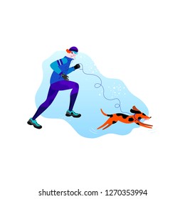 Winter running concept. Young athletic man with dog doing jogging. Pet with a leash and collar. Vector illustration in flat style