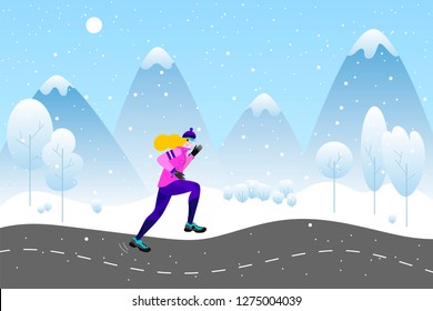 Winter running concept. Young athletic woman doing jogging in winter colored countryside. Fantasy winter background landscape. Vector illustration in flat style