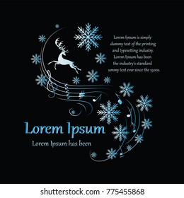 Winter. Running deer on a black background. Poster, a postcard with a deer, notes, snowflakes and a place for text. Design for the musical program of the New Year, Christmas concert.