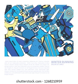 Winter running gear picture with text, in doodle style. Fine for sports sites, articles, brochures, promomaterials and stationery.