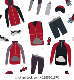 Winter running gear seamless pattern. Winter clothes and accessories for running. Vector illustration.
