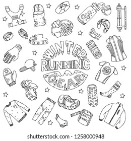 Winter running gear set in doodle style. Fine for sports sites, articles, brochures, promomaterials and stationery.