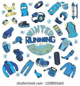 Winter running gear set in doodle style, colored. Fine for sports sites, articles, brochures, promomaterials and stationery.