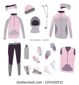 Winter running gear. Set of womens winter clothes and accessories for running. Vector hand drawn illustration.