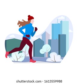 Winter running. The girl runs on a winter evening in the city Park, trees. bushes in the snow. On the background of the house with Windows. Banner, poster, card, healthy lifestyle. Vector Illustrtion.
