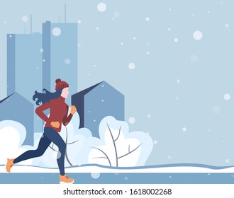 Winter running. The girl runs on a winter evening in the city Park, trees. bushes in the snow. On the background of the house with Windows. Banner, poster, card, healthy lifestyle. Vector Illustrtion.