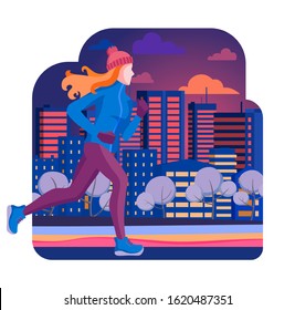 Winter running. The girl runs on a winter evening in the city Park, trees. bushes in the snow. On the background of the house with Windows. Banner, poster, card, healthy lifestyle. Vector Illustrtion.