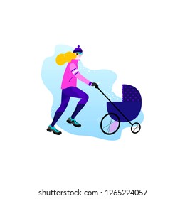 Winter running and motherhood concept. Young athletic woman with stroller doing jogging. Mom is running with baby in a stroller. Vector illustration in flat style