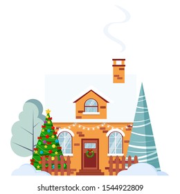 Winter rural farm brick house with fence and chimney decorated garland and wreath, spruces, christmas tree in cartoon flat style. Vector illustration, detailed house icon isolated on white background.