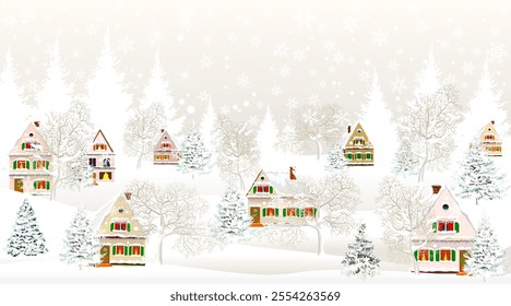 Winter rural landscape. Christmas Eve. Houses covered with snow. Snowy forest. Christmas night.