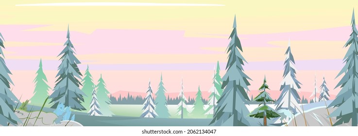 Winter rural landscape. Coniferous trees in the snow. Beautiful evening or morning sky. Far horizon. Illustration in cartoon style flat design. Vector.