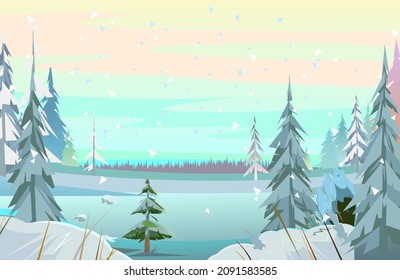 Winter rural landscape. Coniferous trees in the snow. Beautiful evening or morning sky. Far horizon. Illustration in cartoon style flat design. Vector.