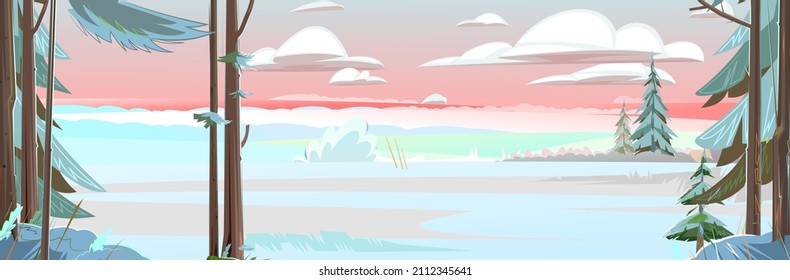 Winter rural landscape. Coniferous trees in the snow. Beautiful evening or morning sky. Far horizon. Illustration in cartoon style flat design. Vector.