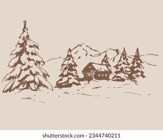 Winter rural landscape drawing. Vector illustration with trees and a house in the snow for a postcard, template, congratulations on winter holidays, print. Hand drawn winter background, design element