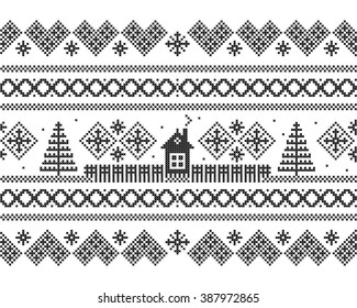 Winter. Rural landscape. Embroidery. Cross stitch. Vector seamless pattern.