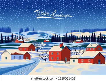 Winter rural landscape. Handmade drawing vector illustration. Pop art minimalist style. Retro poster. All objects are grouped and divided into layers. Flat design.