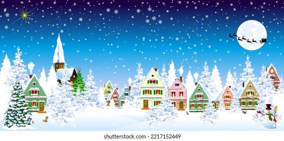 Winter rural landscape. Houses covered with snow. Snow covered forest. Christmas night. Santa on a sleigh against the backdrop of the moon.