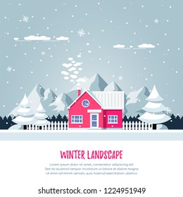 Winter rural landscape with living house, pines, snowdrifts and mountains on background. Flat style illustration