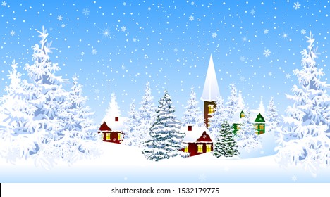 Winter rural landscape. The night eve Christmas. Village, snow, forest. Shining stars and snowflakes in the night sky. Christmas winter night scene. Winter background.