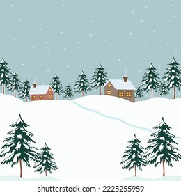 Winter rural landscape with pine forest. Vector graphics .background