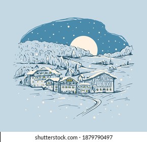 Winter rural landscape. Sketch hand drawn vector illustration with a village houses on the mountain, night sky with moon and snow. Hand drawn illustration in blue colors.